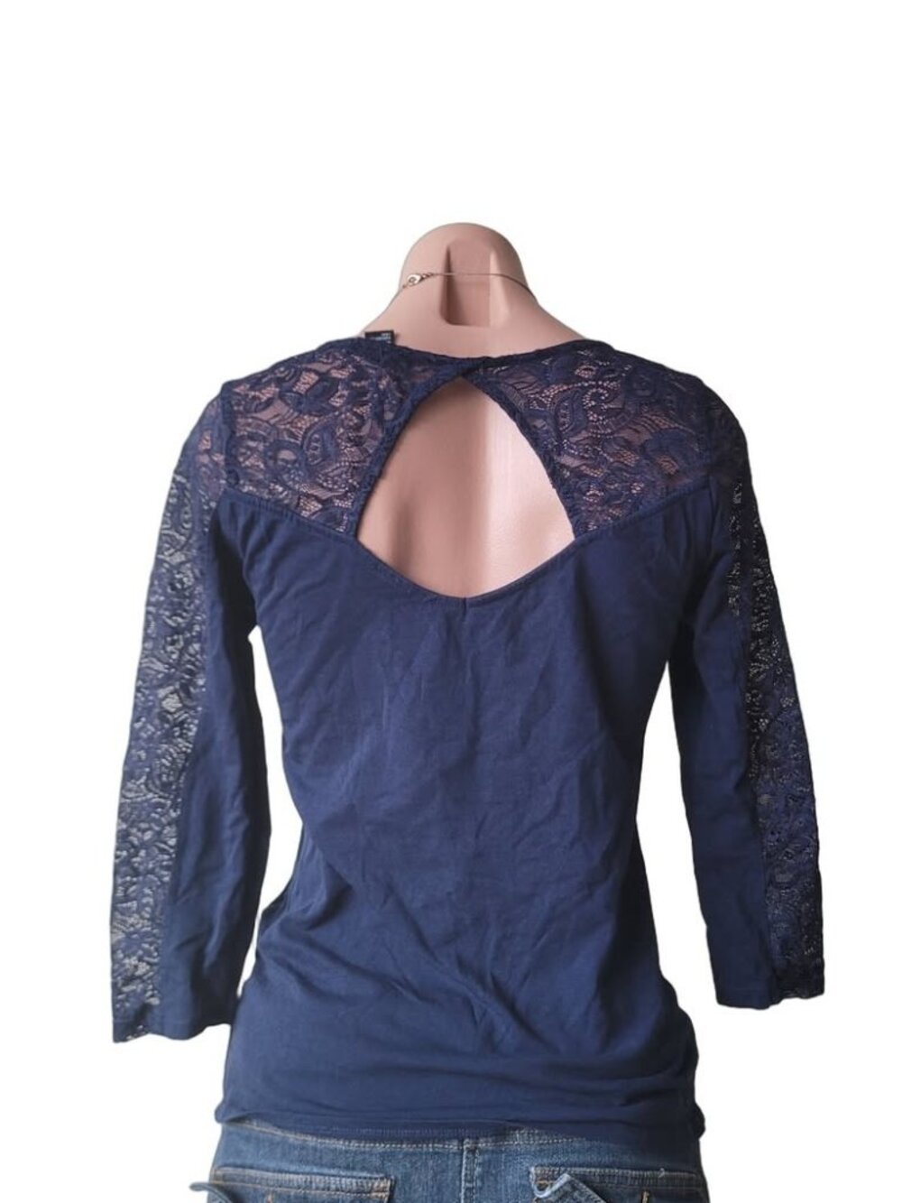 U2B Navy Blue Lace Backless 3/4 Sleeve Top Y2K Cyber (L)